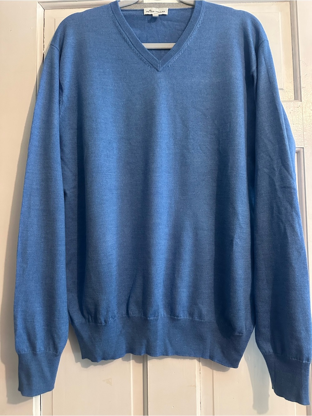 Peter Millar Sweater Mens L Blue Merino Wool Silk V Neck Golf Pullover Knit